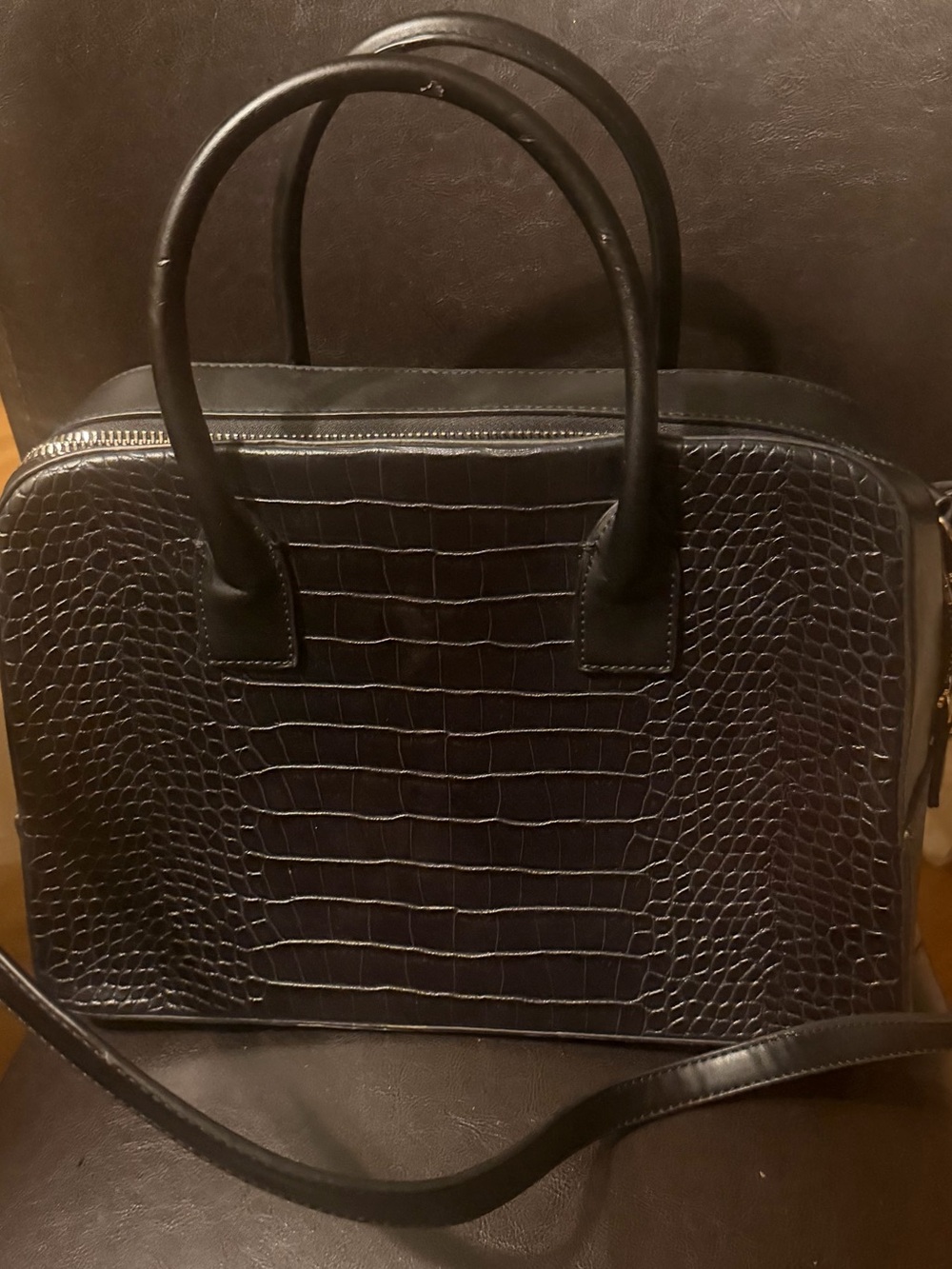 Mango Black Croc-Embossed Satchel with Top Handles